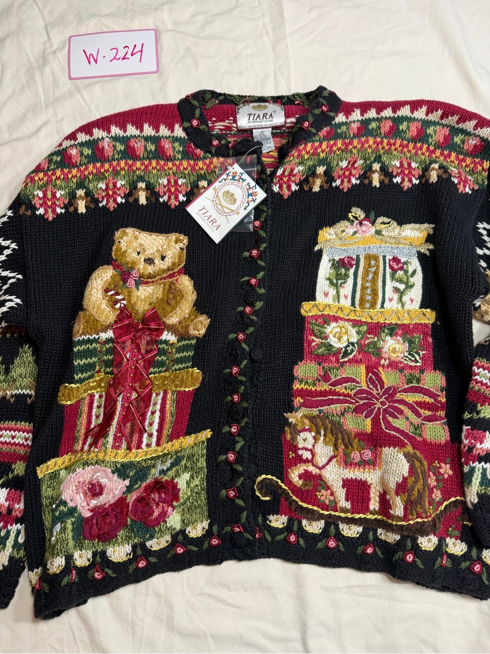 Vintage Tierra international Black Holiday Embroidered Knit Sweater Cardigan